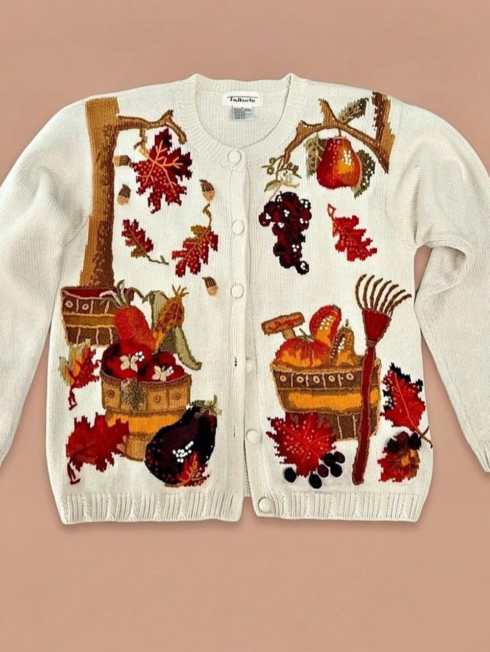 Talbot Vintage Woman’s Fall Harvest Beige Cardigan 3D Knit Embroidery Sweater M